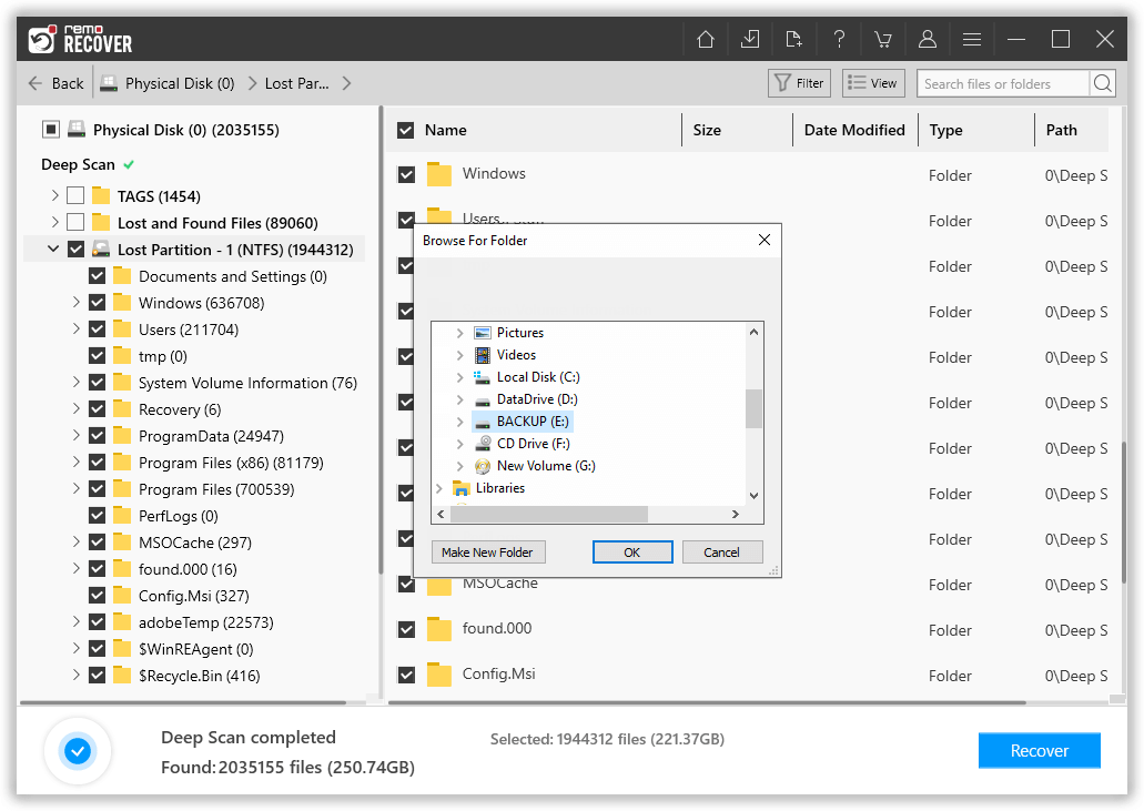 select a destination folder where you want to save the recovered data