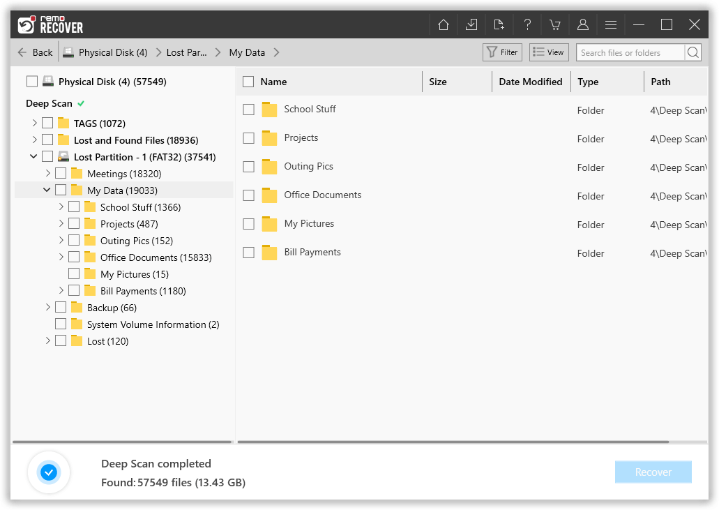 data is present under lost and found files and other sections
