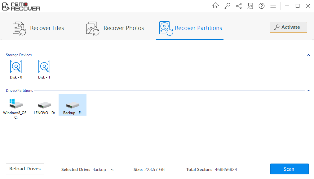 click on recover partitions, select the RAW SD card and click on Scan