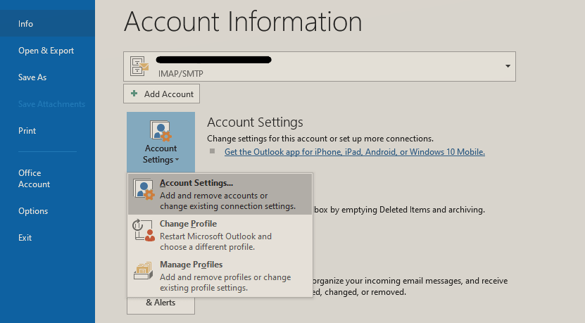 select account setting option to fix Outlook profile