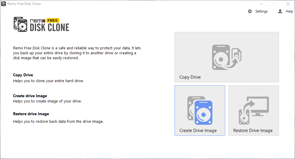 Open Remo Free Disk Clone and select create drive image