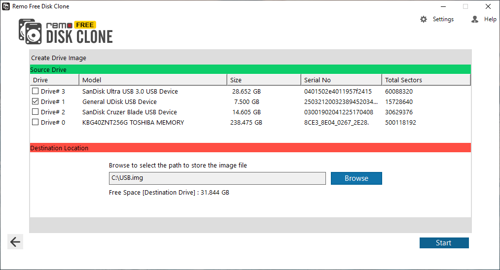 Create drive image using Remo Free Disk Clone