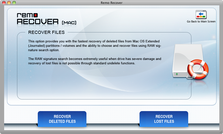 select between recover deleted files and recover lost files options to recover deleted or lost dat files from mac