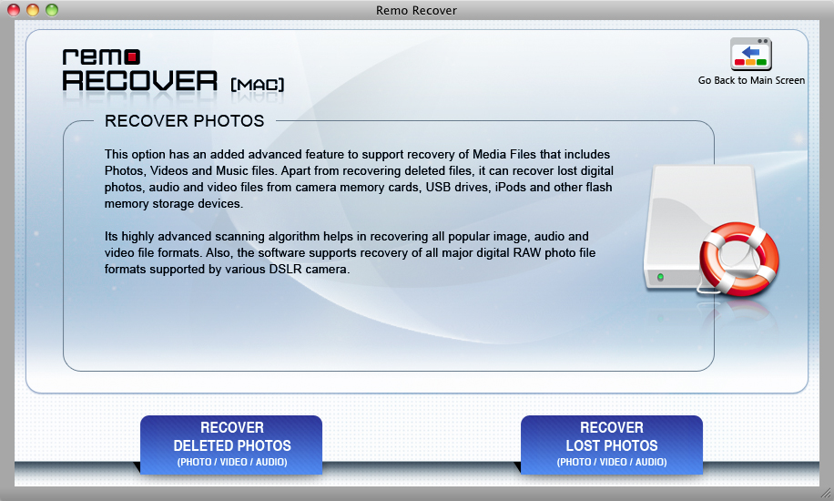 select recover lost photos option to recover lost itunes music files from mac