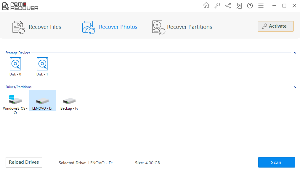 Click on Recover Photos and select the drive from where you want to recover your mvie files