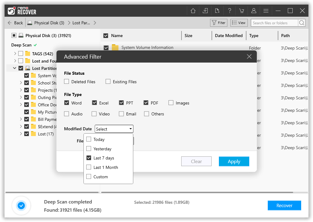 select advanved filter option to sort the files