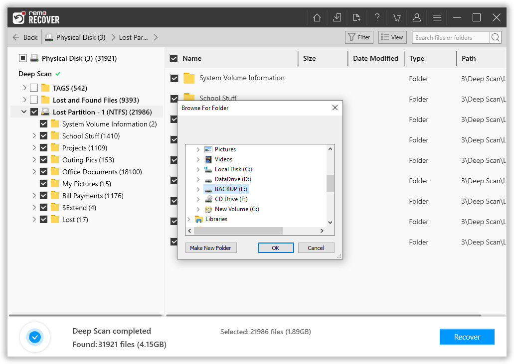 select the files to recover and also choose a location to save the recovered files