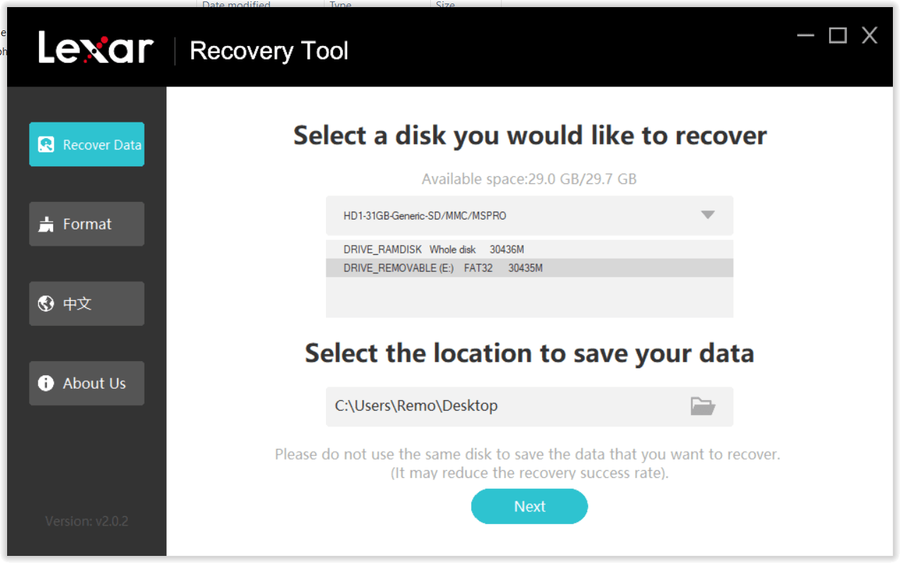 home window of lexar recovery tool