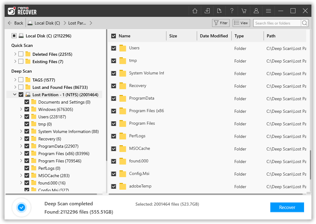 select the files that you want to recover