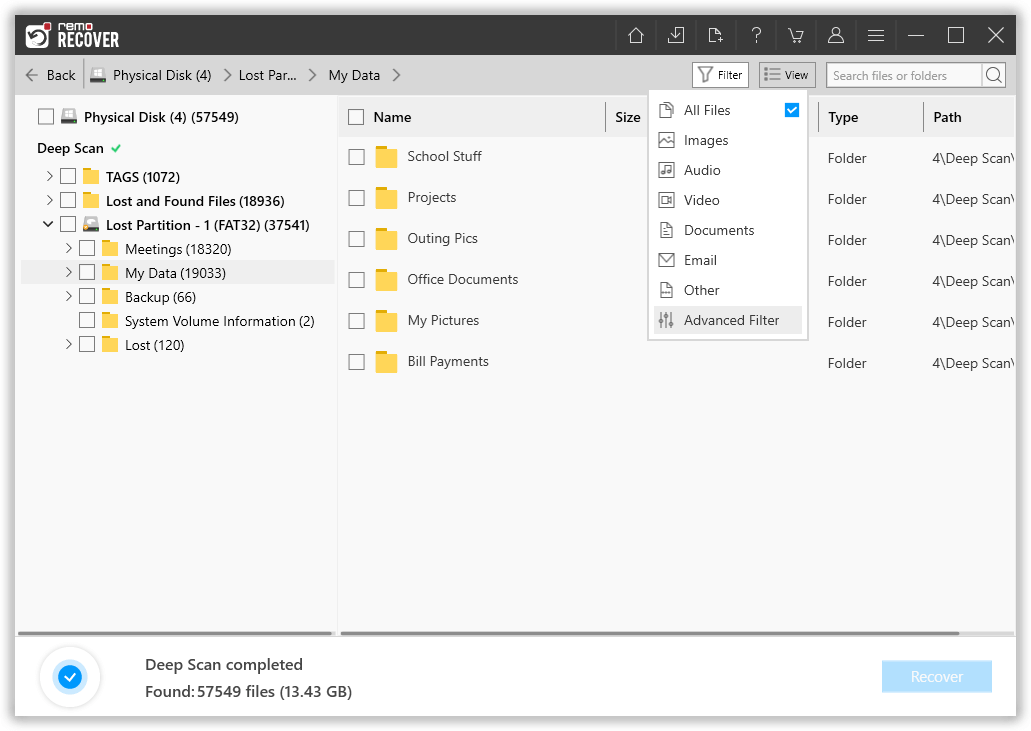 use filter option to sort the files based on file type