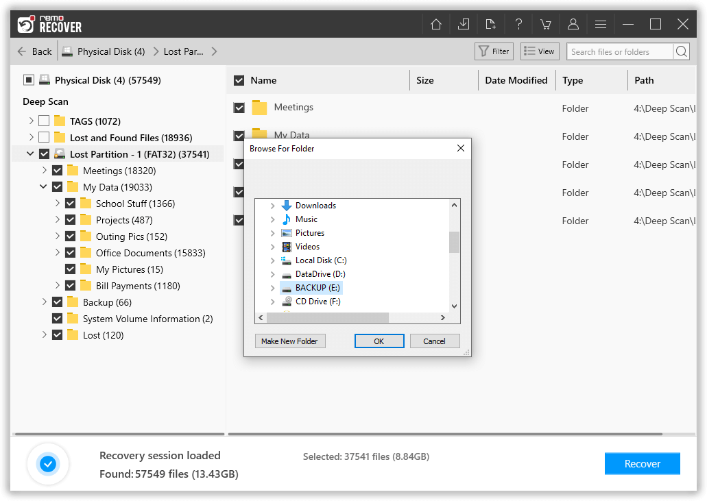 select a location to save the recovered files