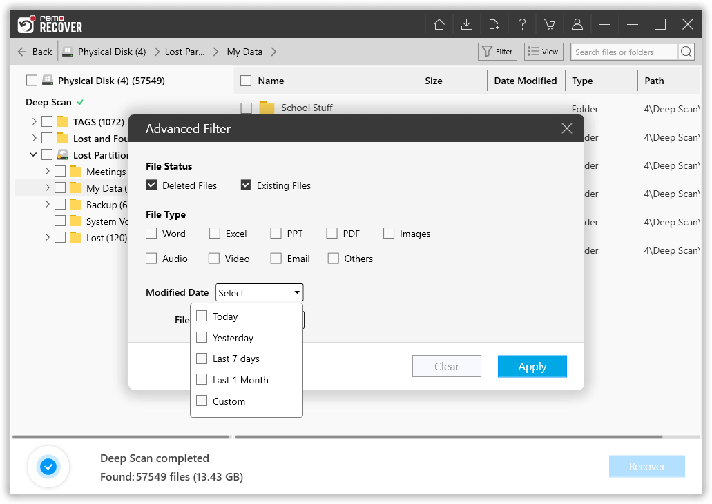 click on the filter option to sort the files based on file types