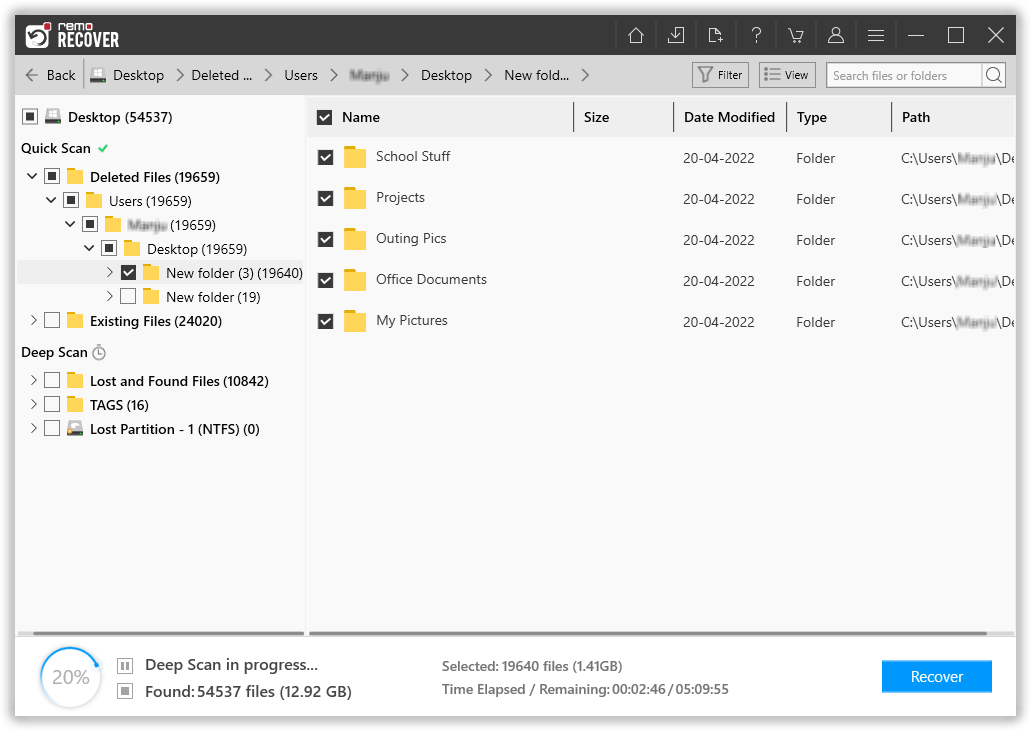 tool displays a list of recovered files