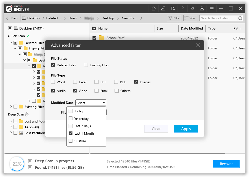 use the advanced filter options to sort the recovered files