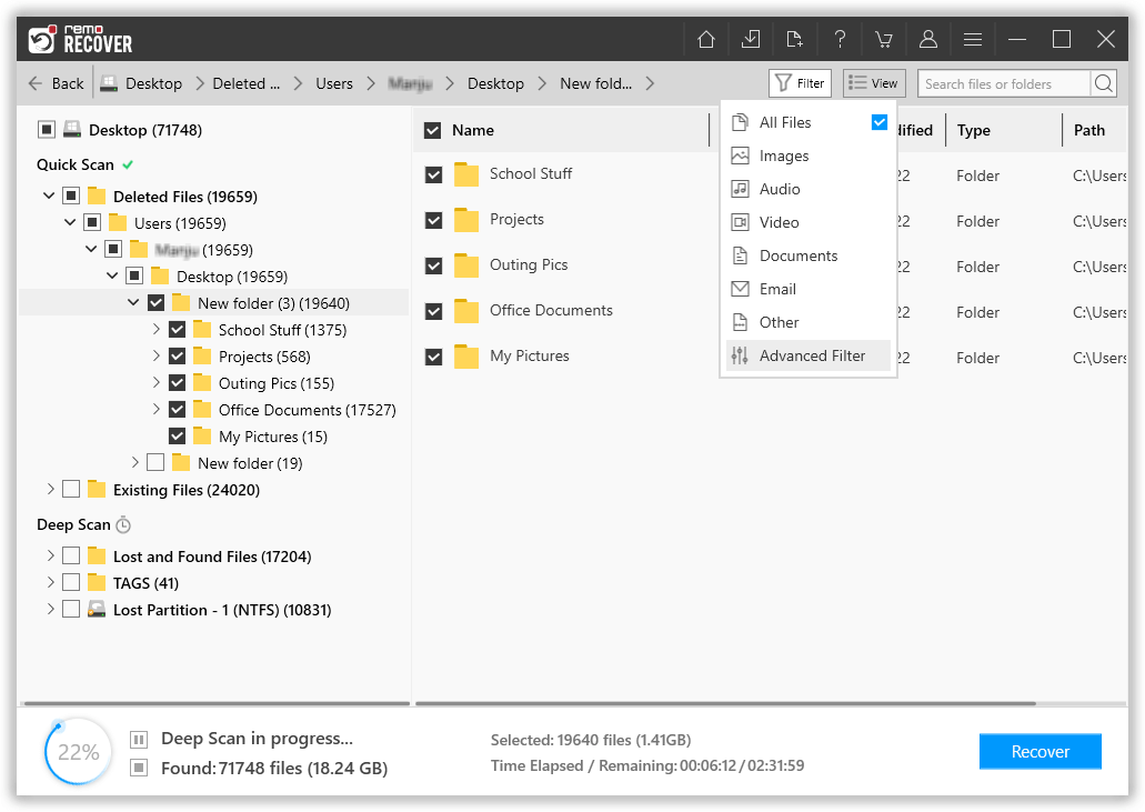 use the advanced filter option to sort, filter and find the deleted rtf files