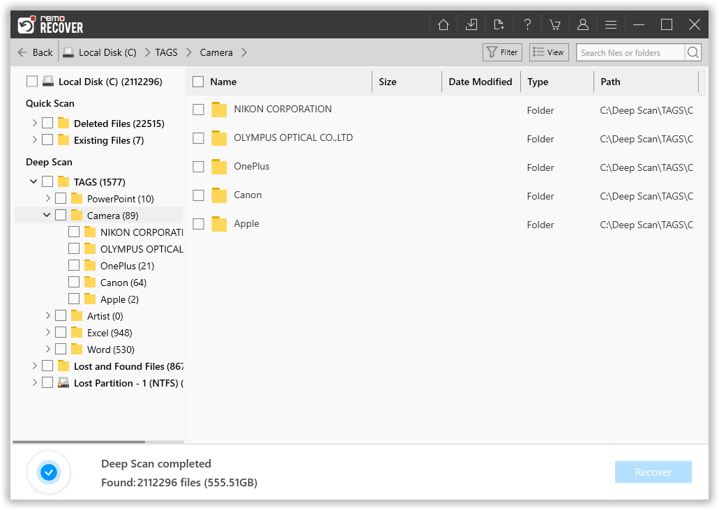 the tool will display the list of recovered sony arw files