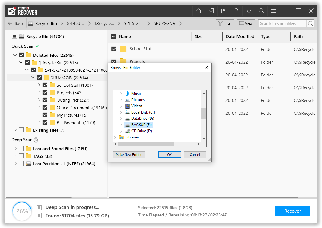 select the destination folder to save the recovered recycle bin files