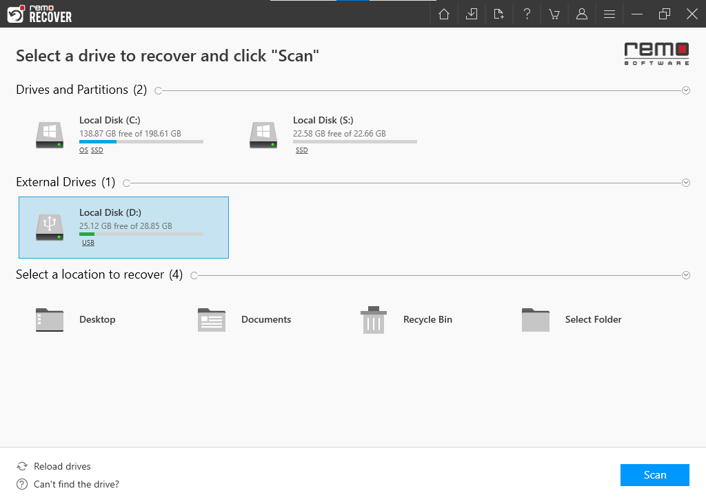 Launch the tool to restore files after format and select the drive