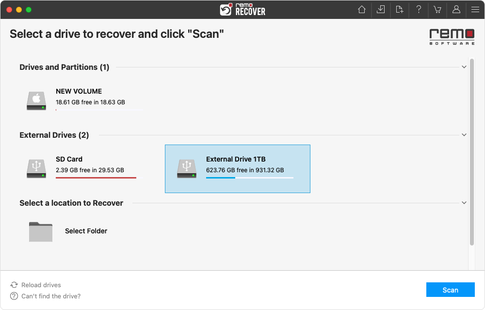 Select the drive from which you wnat to recover deleted files