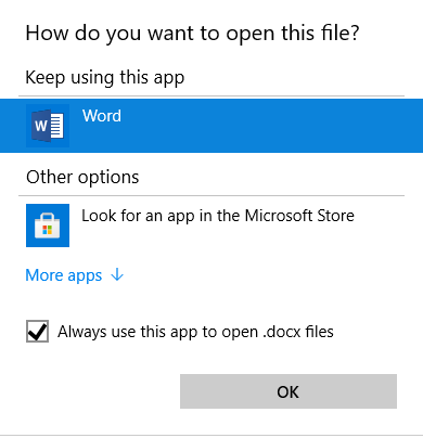 Enable always use this app to open doc file