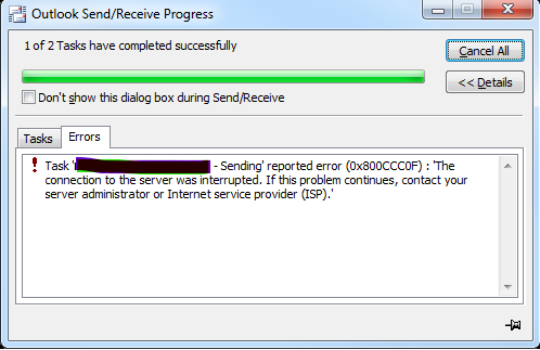 Outlook error 0x800ccc0f