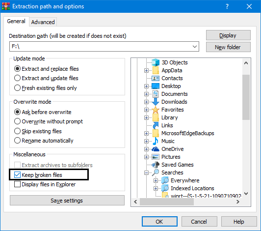 Mark Keep broken files option to Repair Checksum error in WinRAR