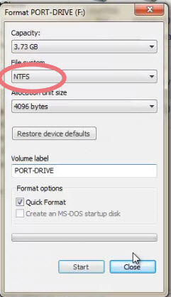 Format drive with NTFS