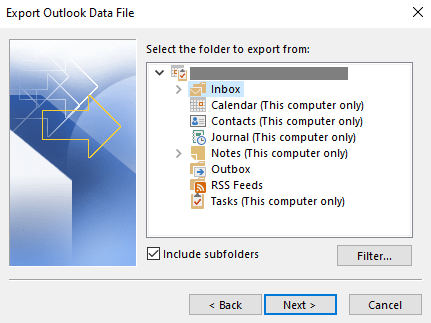 Select the folder to export Outlook PST file from