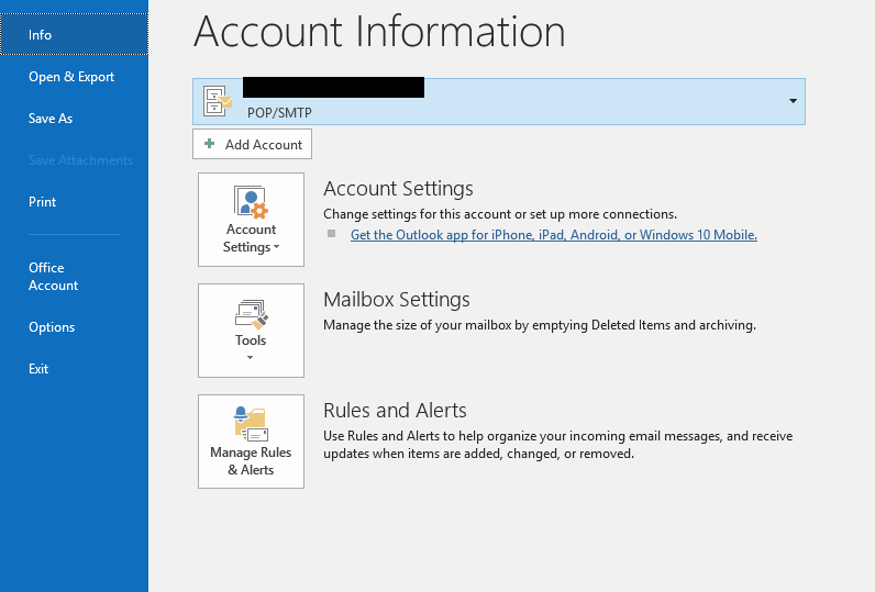 Outlook account information 