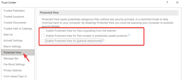 Trust Center settings Protected view in PowerPoint