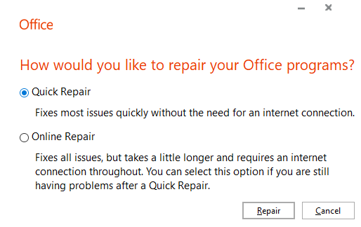 modify option to repair Outlook