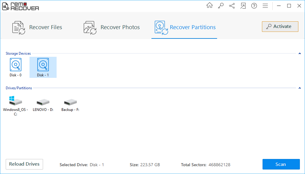 Main screen of SAS hard drive recovery software