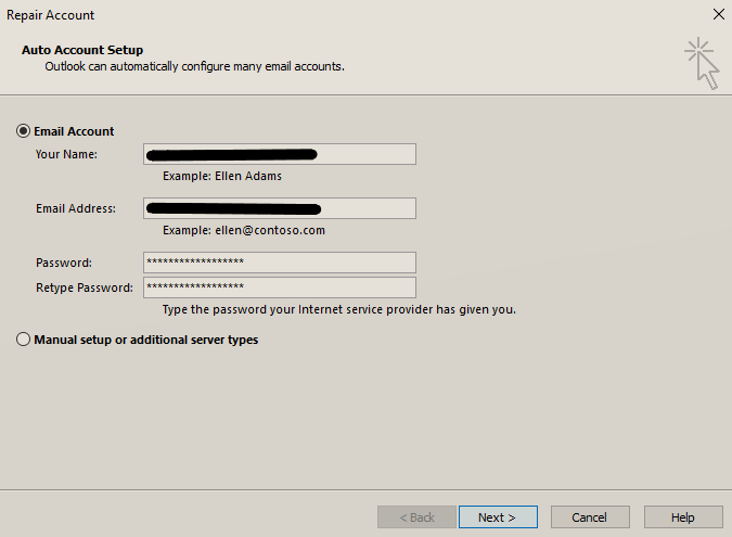 confirm password to repair Outlook profile