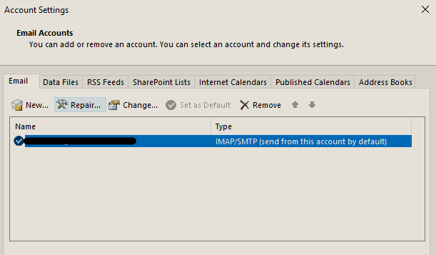 select corrupt Outlook profile and hit repair button