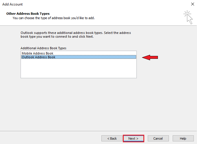 select the outlook address book option and click on Next 