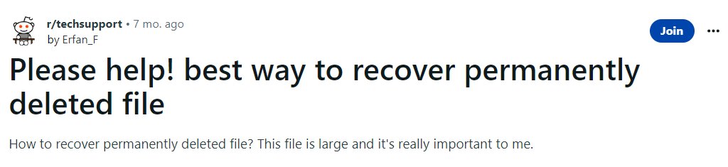 user query on reddit about recovering permanently deleted files