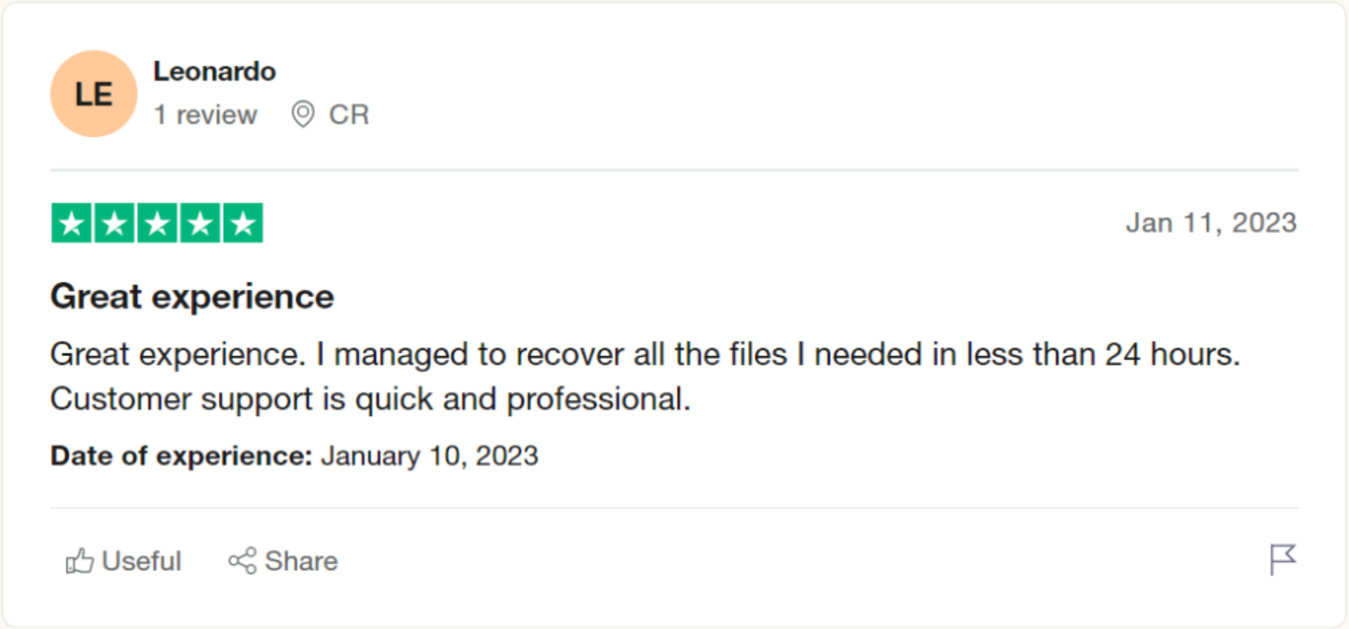 user review on trustpilot after recovering deleted user folder from windows system using remo file recovery tool
