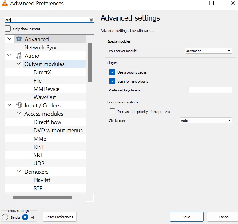 Select Output modules to remove greem screen in VLC