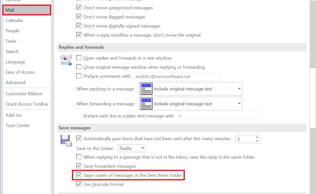 click on save copies of messages in the sent folder, click ok