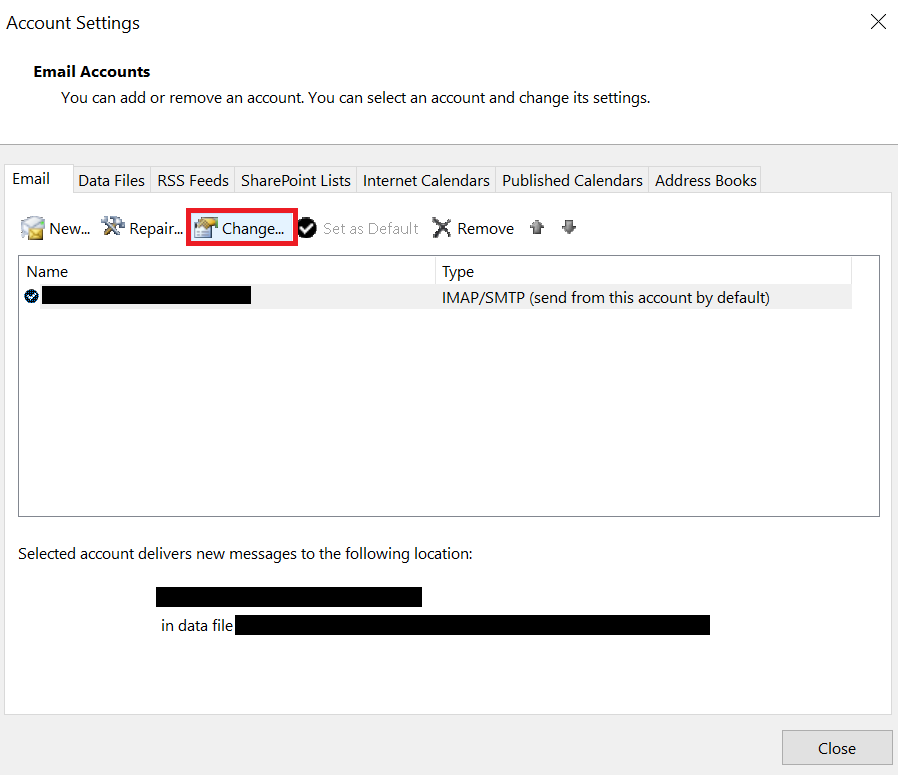 click on account and click on change option to retrive missing sent items in outlook