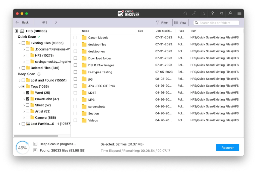 view list of the recovery files in mac