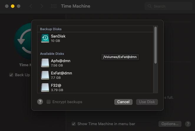 Select the Time Machine Backup drive