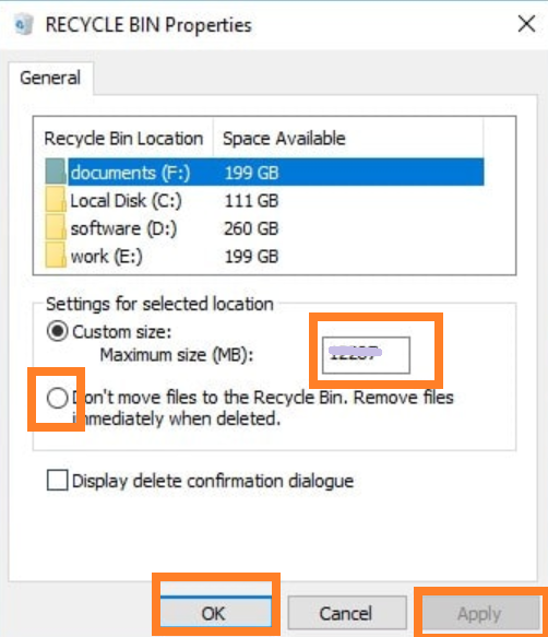 recycle bin properties
