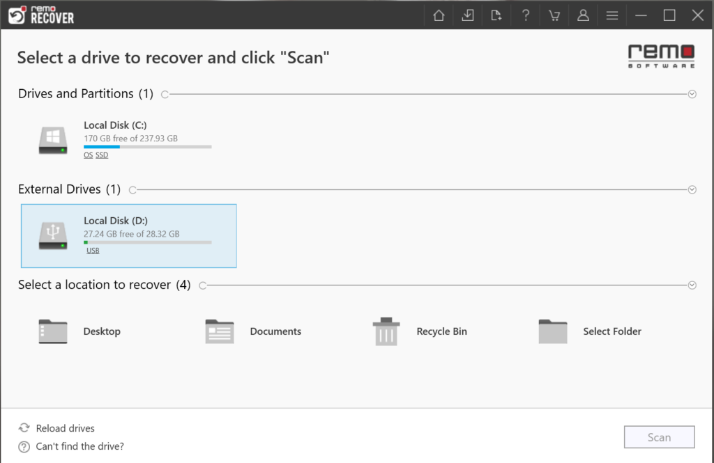 Select the drive from where you want to recover the files