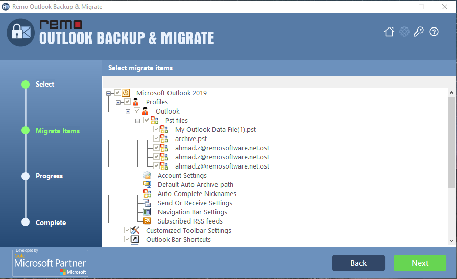 select the items to migrate