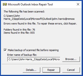 ScanPST Exe - Enter the name of the backup file