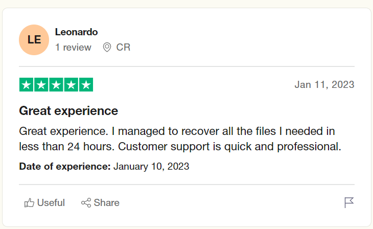 user review after remo recovered the deleted files on trustpilot