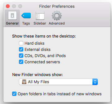 Show Preference Settings to access external hard drive on desktop