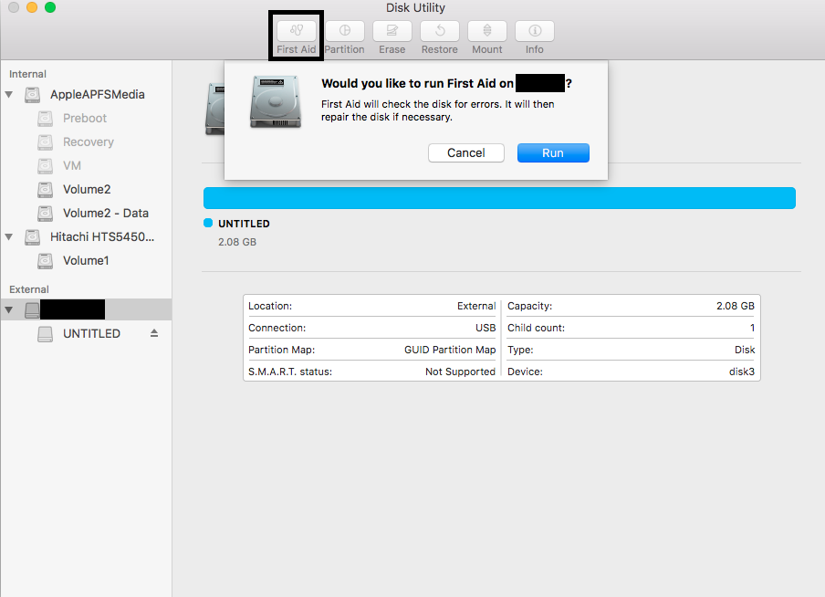 Using First Aid to repair external hard drive not showing up on Mac