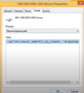 Under details copy device instance path for converting usb flash drive to local disk